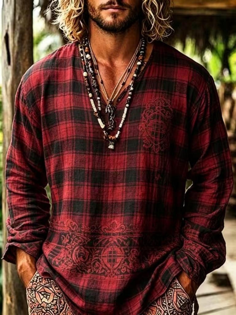European and American Men's Bohemian Resort-style V-neck Long-sleeved Shirts. the Geometric Print Design Is Trendy and Novel.