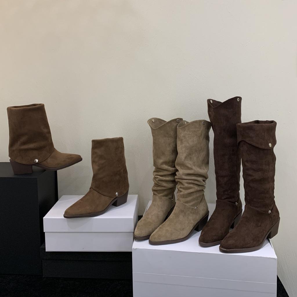 Internet Celebrity Fashion Wear Pile Boots Women 2025 Autumn New Wear Versatile Flip Through Thin Middle Heel Fashion Boots
