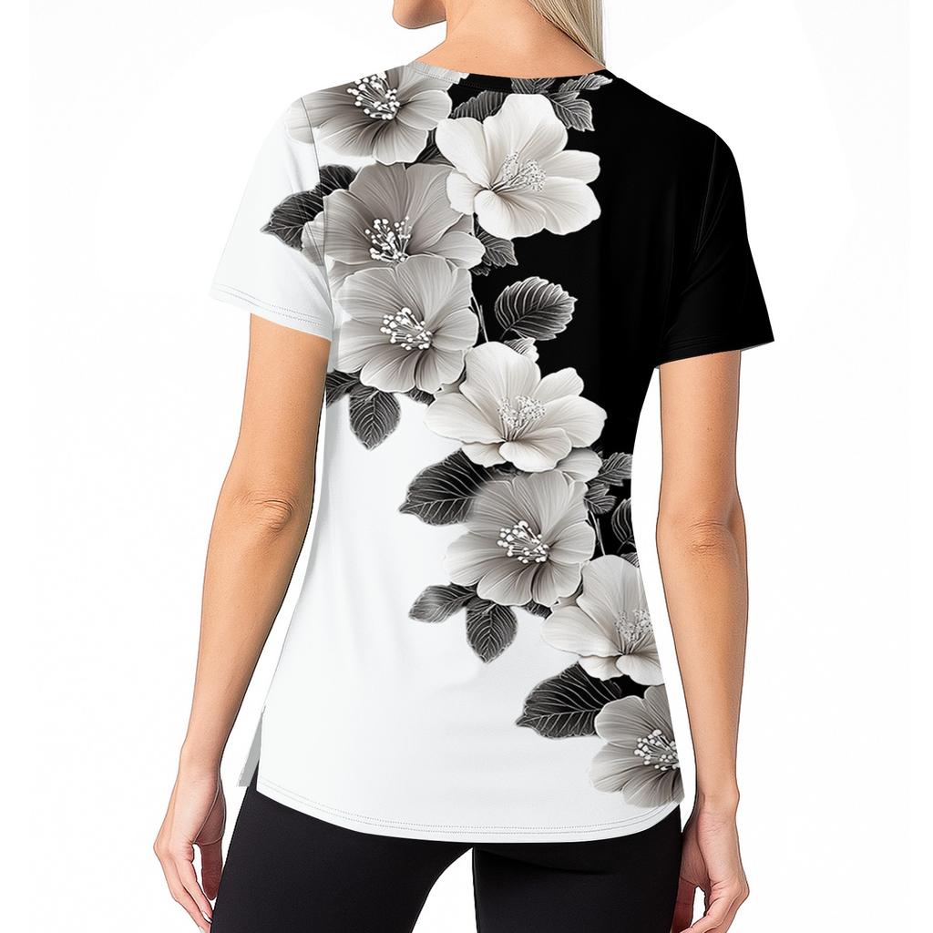 Women's Casual Printed V-Neck Pocket Side Slit Short Sleeved Top Short Sleeved Top