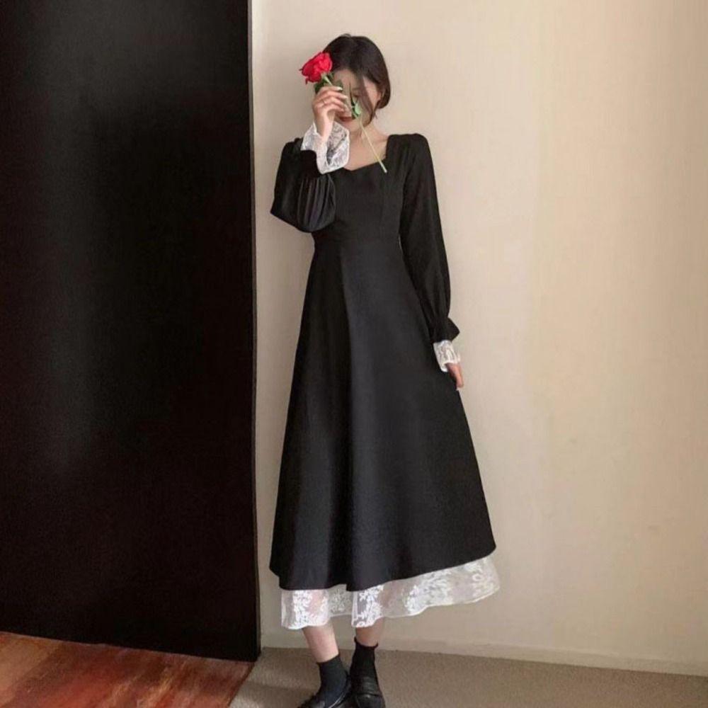 Slim Fit Lace Princes Dress Pleated Puff Long Sleeved Dress Fashion Girls Long Dress  Ladies