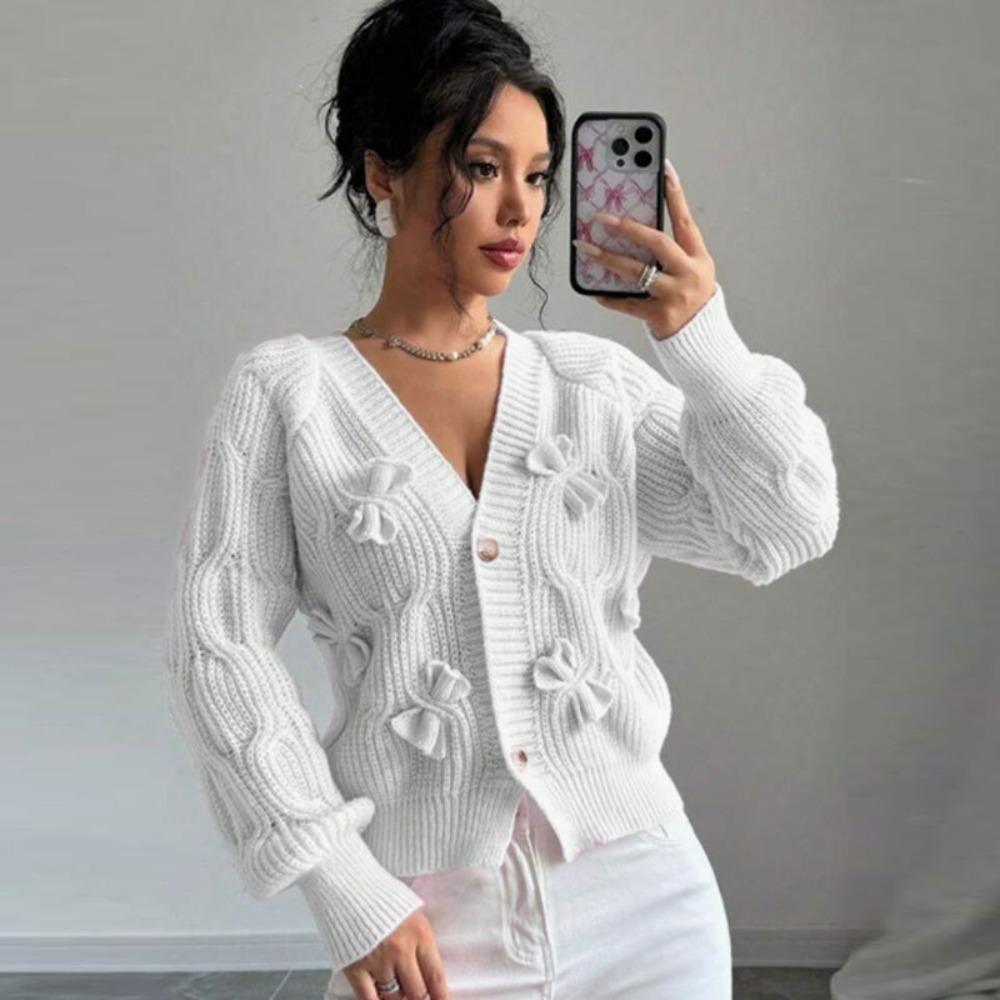 Women's V‑Neck Long Sleeve Knit Cardigan Loose Fit Commuter Style 3D Bow Decor Sweater