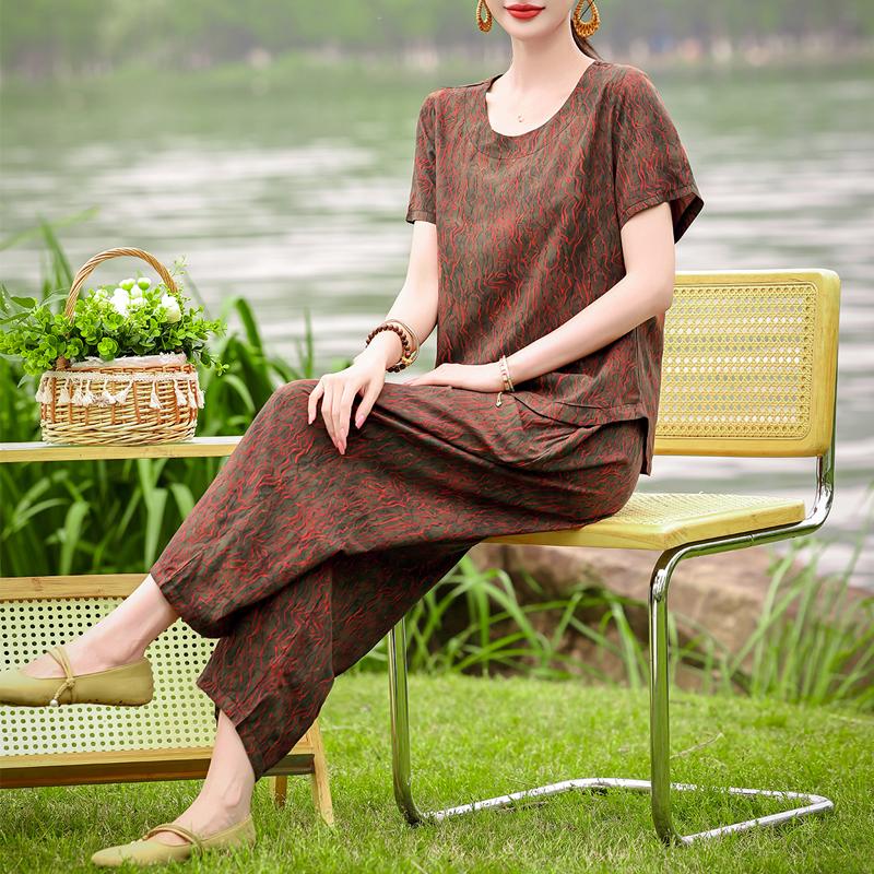 Women's Summer Printed 2-Piece Outfit, Plus Size Casual Short Sleeve Top & Pants Set (XL-5XL)