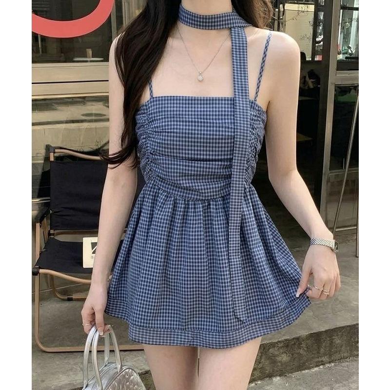 #French blue plaid sling vest women's summer new design sense niche streamer chic top