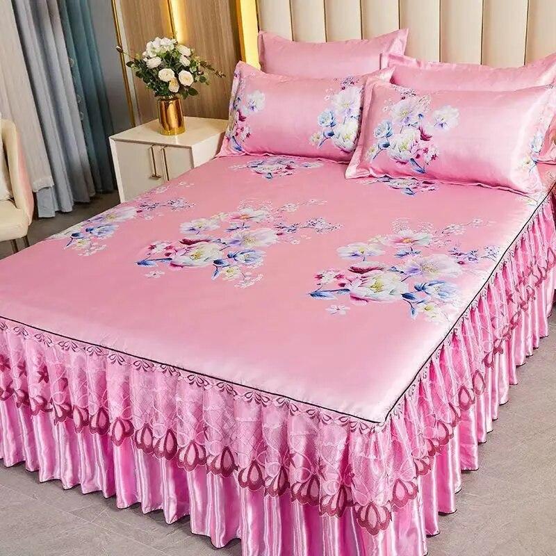 3 pçs/lote conjunto de folha cama dupla clássico renda azul real folha cama saia, máquina lavável casamento colcha capa colchão