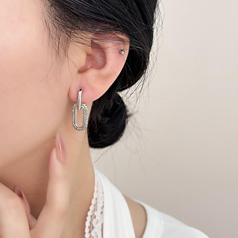 Stainless Steel Double Loop Drop Earrings for Women Girls Geometric Round Rhinestone Pendant Earrings Jewelry Gift