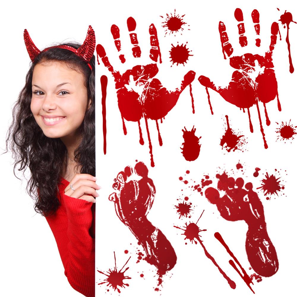 Halloween Horror Decoration Blood Handprint PVC Stickers Foot Handprint Wall Shopping Showcase Glass Window Transparent Stickers