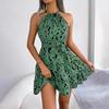 Women Leopard Print Large Size Halter Neck Swing Dress Ruffle Edge Spring Summer