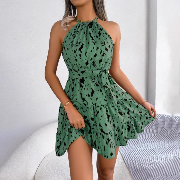 Women Leopard Print Large Size Halter Neck Swing Dress Ruffle Edge Spring Summer