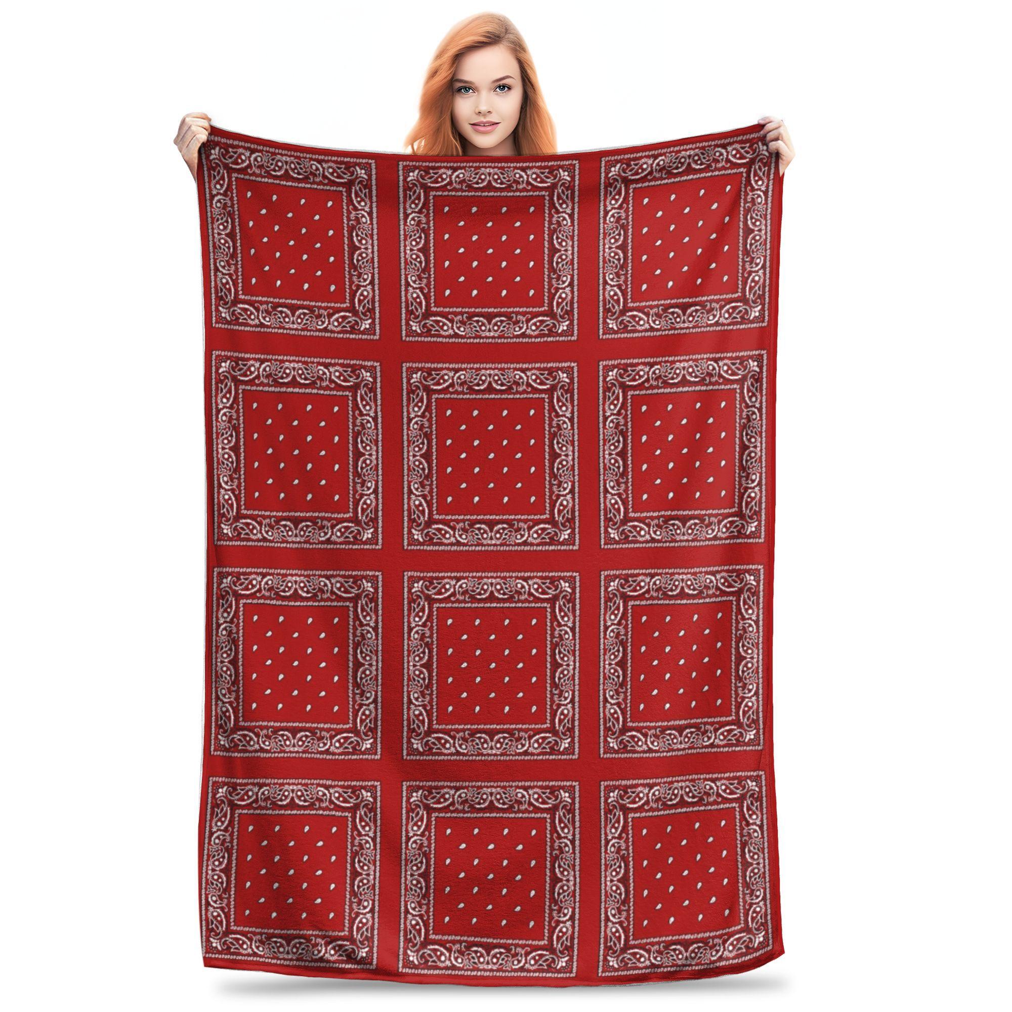 Red bandana Blanket Soft Warm Flannel Throw Blanket Plush for Bed Living room Picnic Travel Home Couch Size: 75*100cm, Weight: 230 GSM