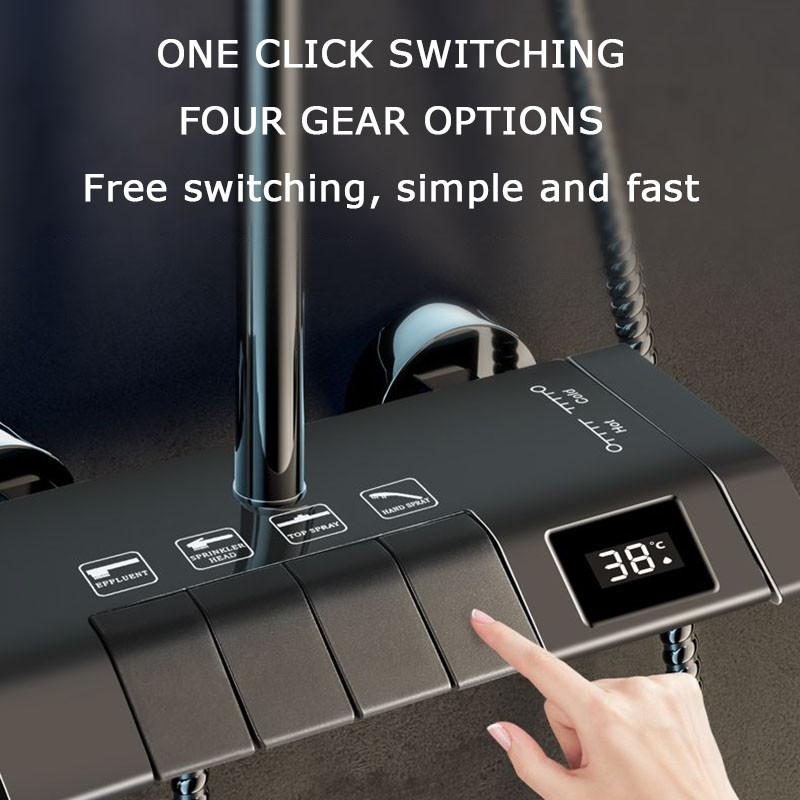 Brass 4 in 1 Square Key Button Switch Design Hot and Cold Shower Head Set with Mixer Faucet Digital Display Shower Set
