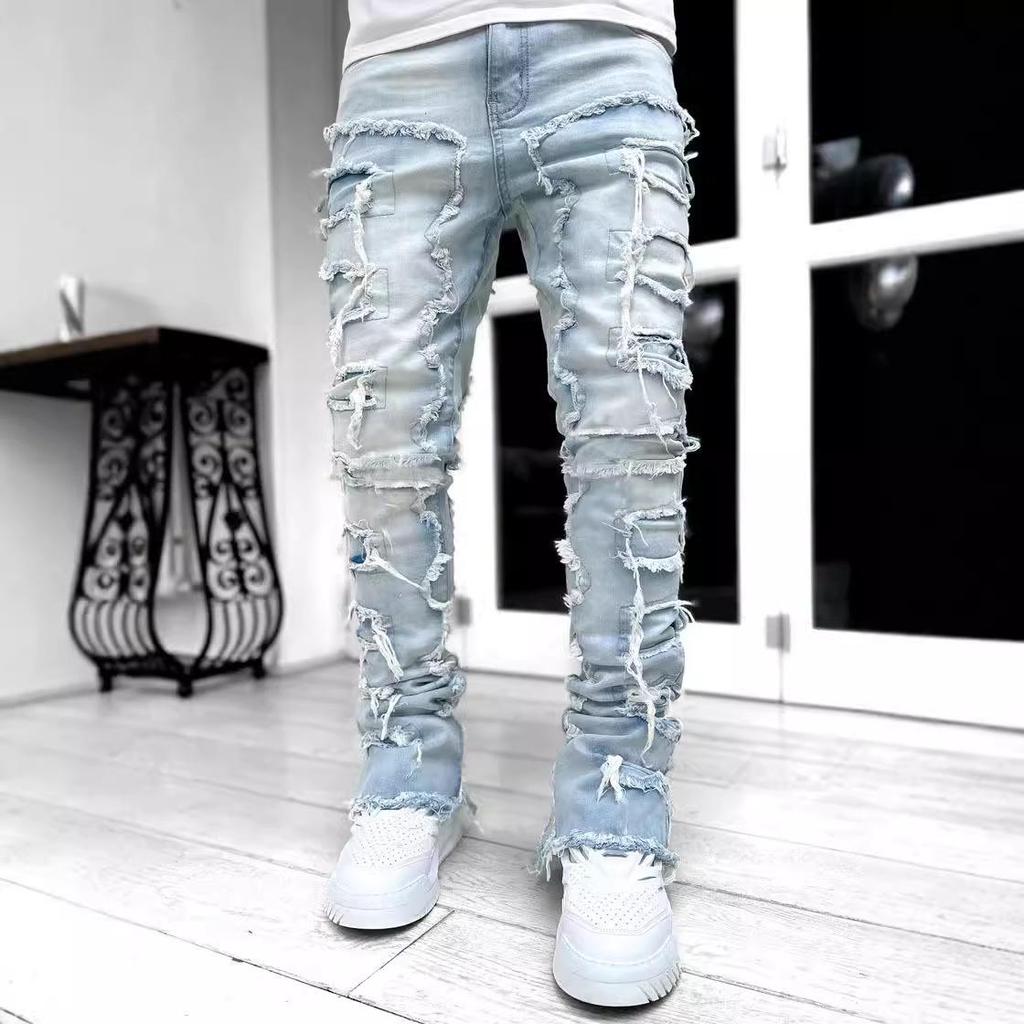 Men's Fashion Trend Elastic Tassel Patchwork Straight-Leg Jeans