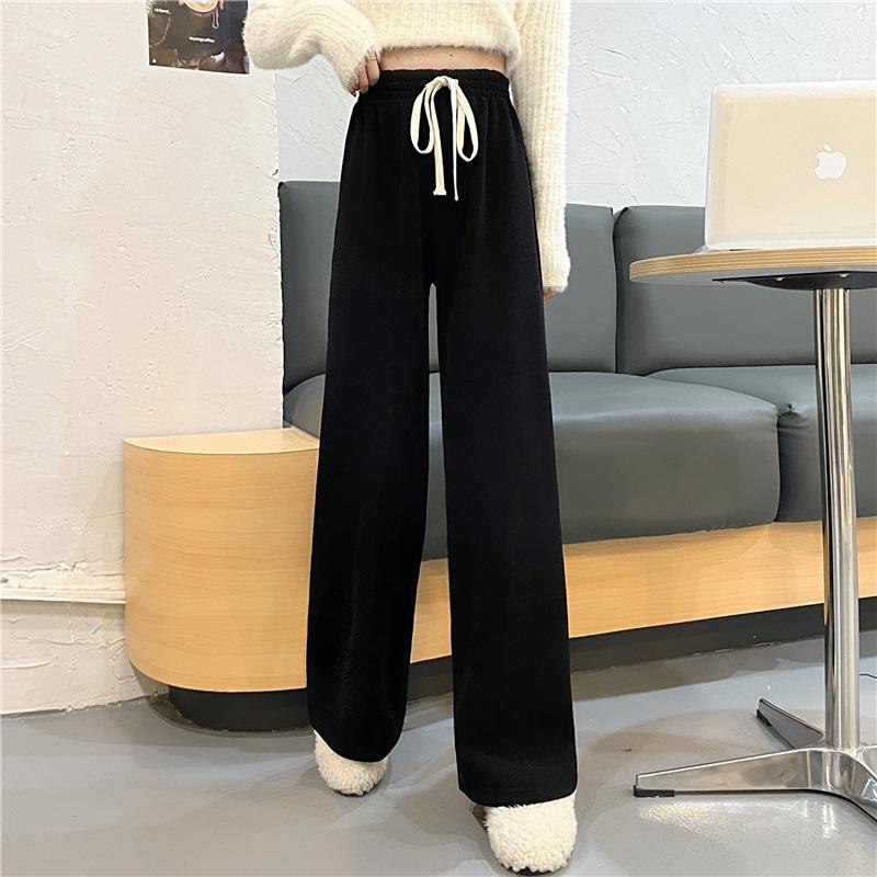 Pantaloni lați cu șnur pentru femei toamna și iarna, talie înaltă, senzație de draperie, tub drept largi, pantaloni casual, purtați peste podea, S de pluș