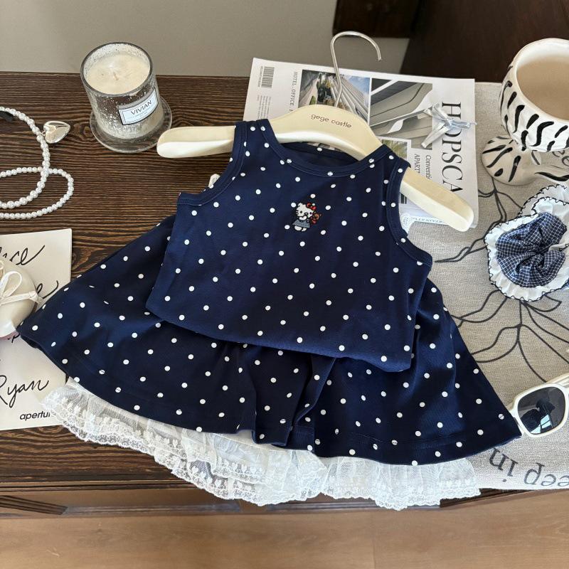 2025 Summer Girls' Korean-Style Cartoon Vest & Polka Dot Skort Set