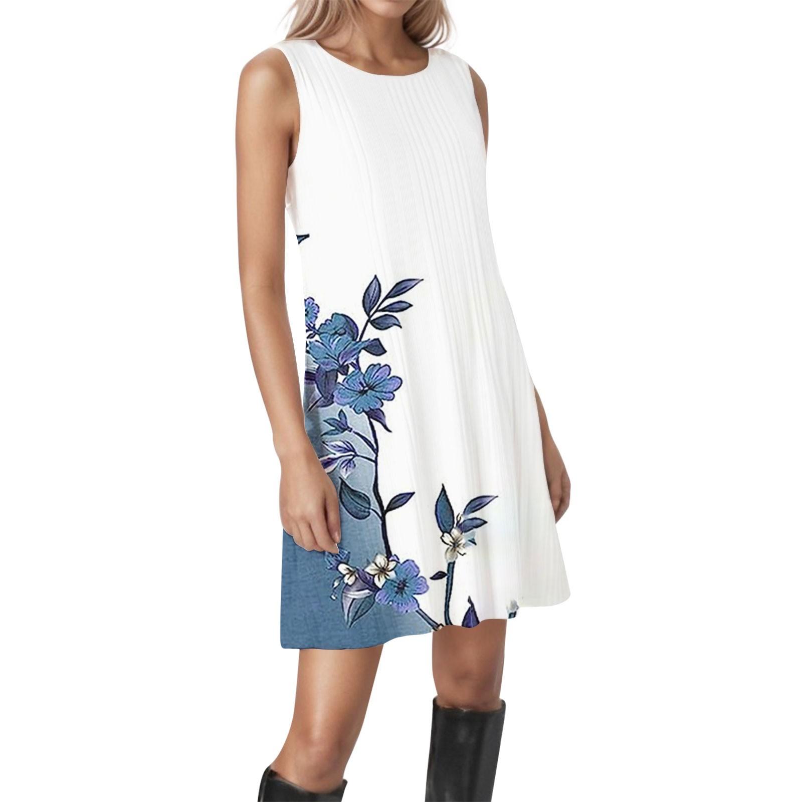 

Женские винтажные цветочные повседневные платья без рукавов с круглым вырезом и текстурой XXL белый