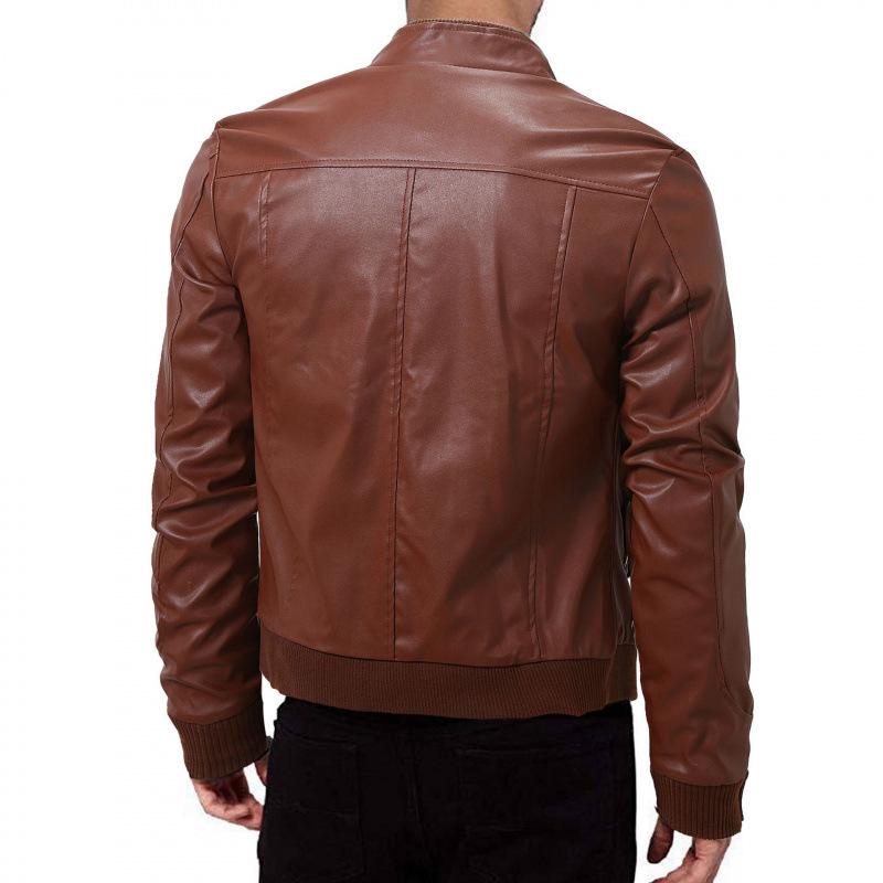 Winter business gentleman thermal zipper cardigan PU leather jacket stand-up collar slim leather jacket men