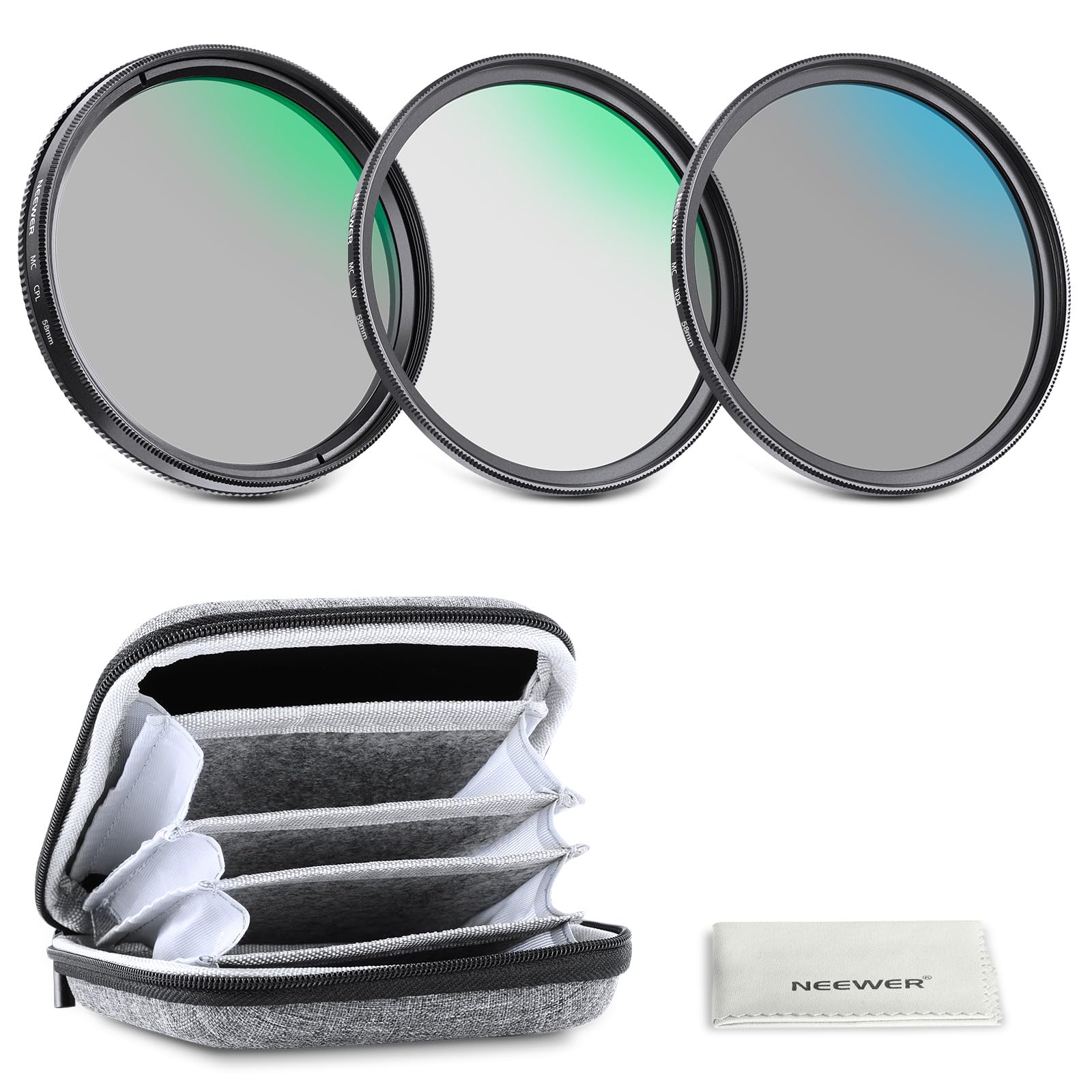 

NEEWER 58mm Lens Filter Kit with Hard Shell Storage Optical Aluminum Alloy UV Circular Polarizer Neutral Density Compatible with 58mm Camera Lenses