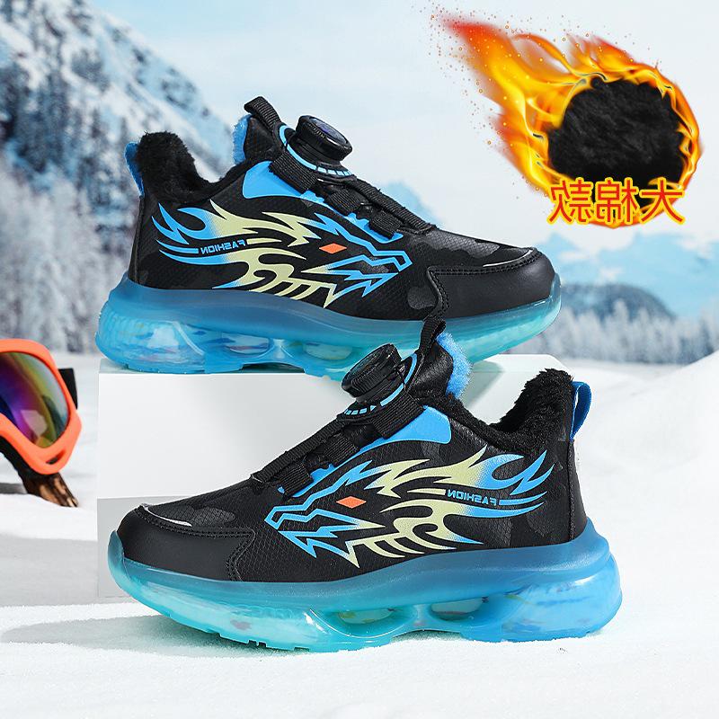 2025 Winter Boys' Waterproof Leather Sports Shoes with Rotating Buckle - Warm, Anti-Slip, Trendy for Middle and Big Kids