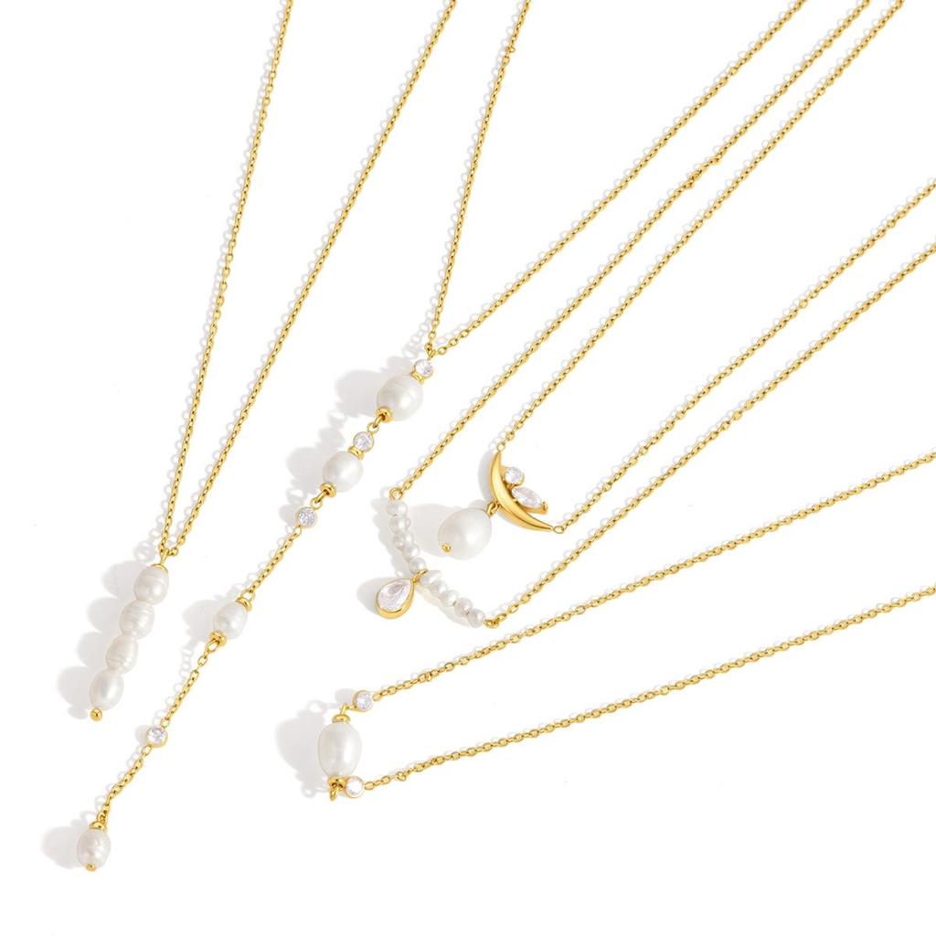18K Gold Stainless Steel Necklace with Zircon and Pearl Pendant for Women - Everyday Versatile Style