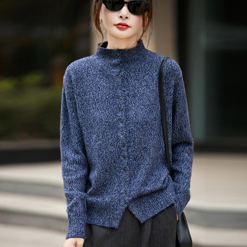 Women's Flecked Knit Stand-up Collar Cardigan - Autumn/Winter Long Sleeve Sweater Coat