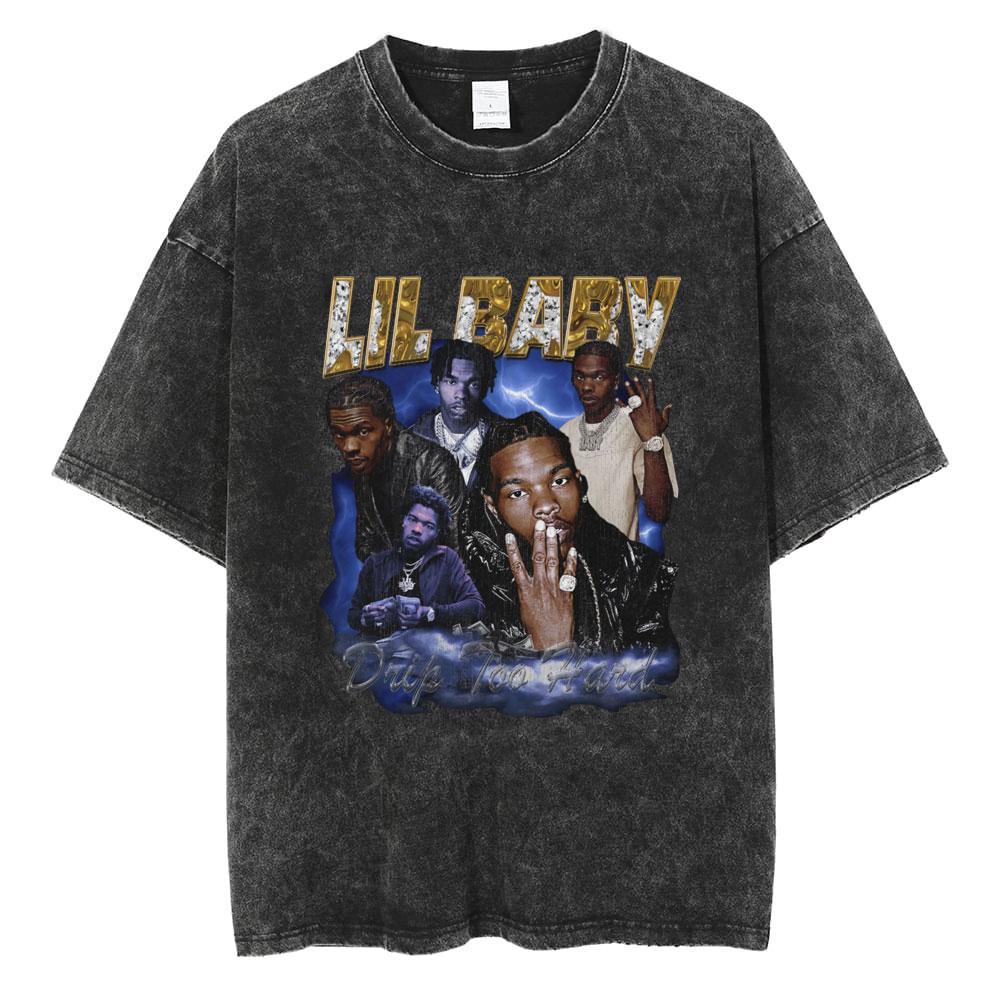 Hip Hop Rapper Wash Vintage Black Lil Baby T Shirt Unisexs Fashion Oversized Tee Short Sleeve Regular Male Tshirt Unisex Streetwear