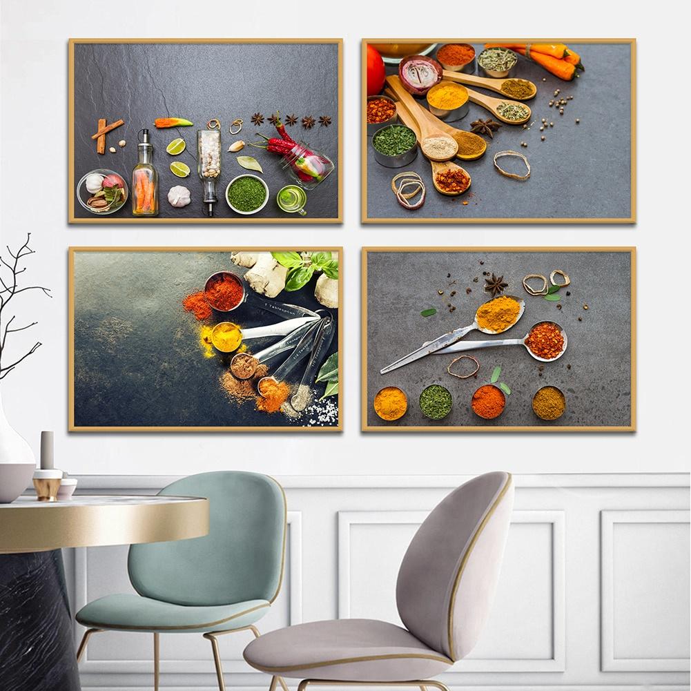 Grains Spices Spoon Peppers Canvas Painting Kitchen Decor Posters Print for Dining Room Wall Art Pictures Home Art Decor