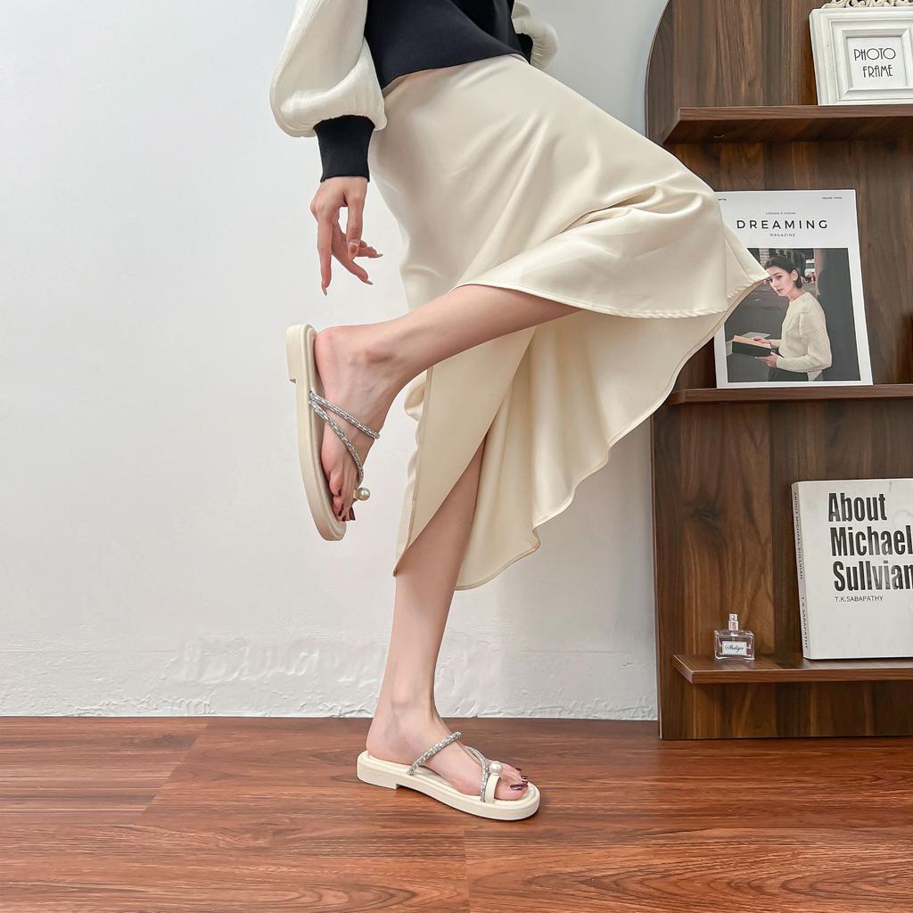 Yuanli Tong Cool Slippers Women's - Pearl Puffs~ Rhinestone Set Toes Casual Exquisite Flat Bottom Sandals Women's Slippers Outer Wear Summer