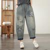 DIMANAF 2026 Summer New Plus Size Women Jeans Print Elastic Waist Long Pants Loose Casual Denim Cotton Trousers Pants