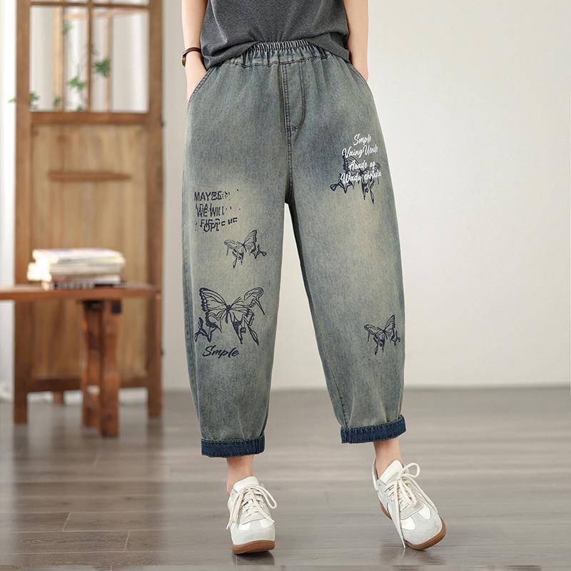DIMANAF 2026 Summer New Plus Size Women Jeans Print Elastic Waist Long Pants Loose Casual Denim Cotton Trousers Pants