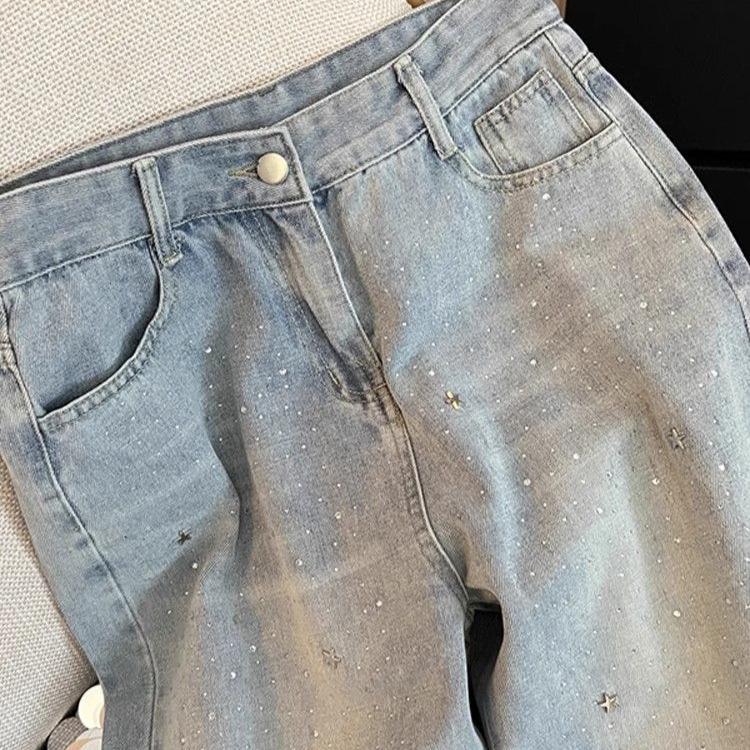 Damen Jeans mit hohem Bund, geradem Bein, lockere Denim-Hose, Stern Strasssteine, helle Waschung, Freizeit, dünn, Sommer, lange Hose