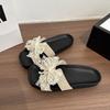 Sweet lace bow one-word female summer flat bottom cool slippers light and comfortable outer wear casual Korean version cool slippers