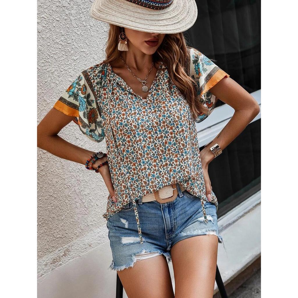 Summer Floral Print Blouses for Women V-Neck Short Sleeve Boho Beach Casual Tops Female Elegant Shirt Women's