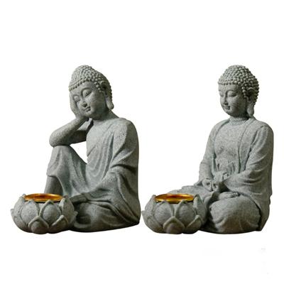 Buddha Steinfigur Skulptur mit Teelichthalter Räucherstäbchenhalter Spirituelle Dekorationen Meditationsstatue Desktop-Ornament