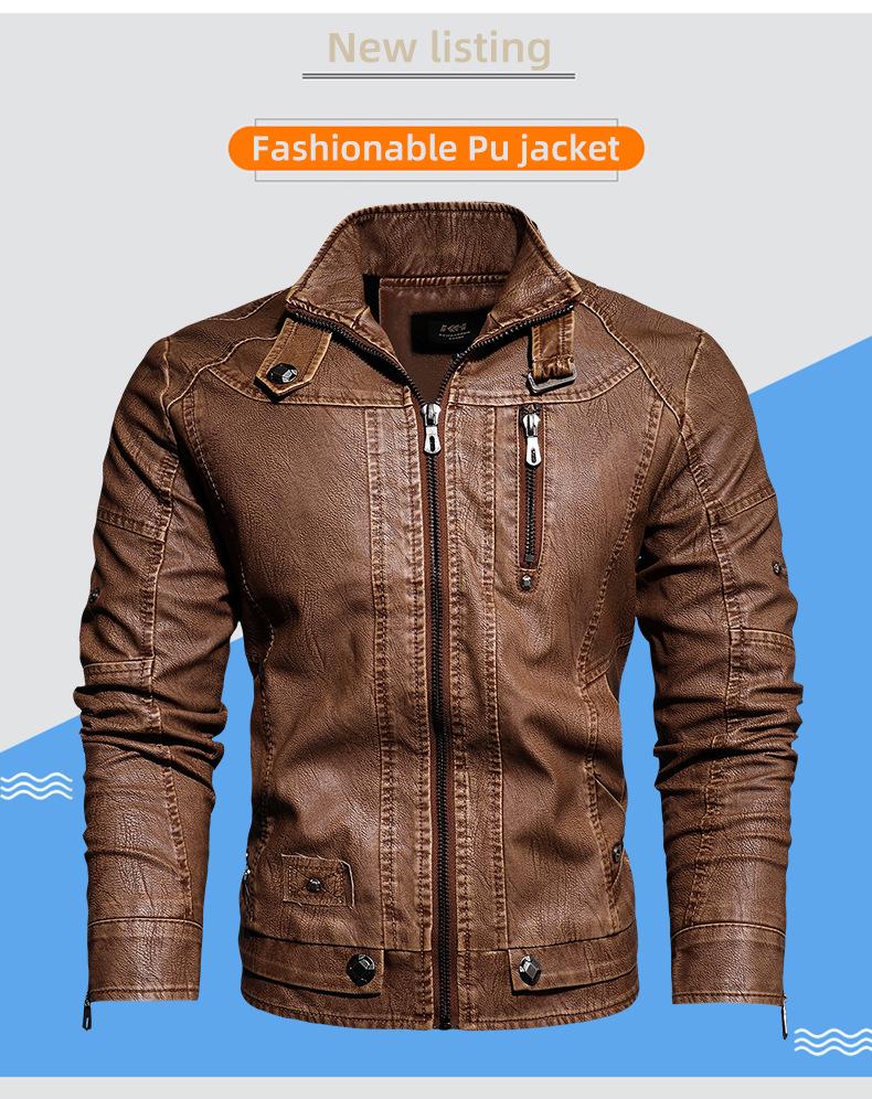 Herren Europäische & Amerikanische Slim Fit PU-Leder Motorradjacke mit Stehkragen und Plüschfutter