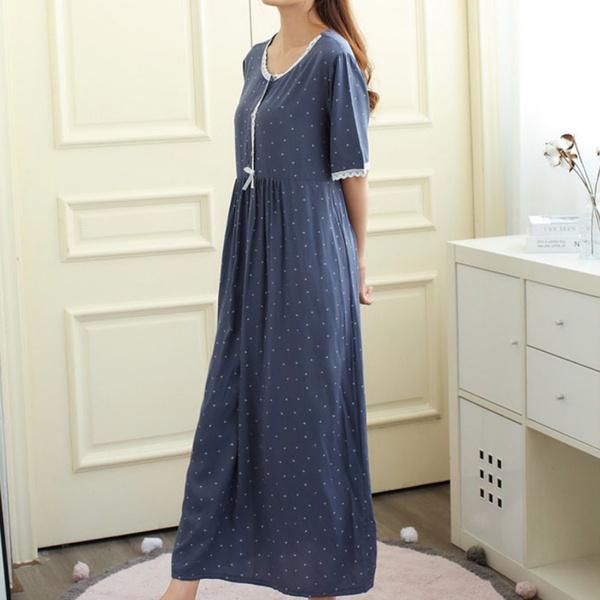 Nouă cămașă de noapte de vară pentru femei, din bumbac, cu mânecă scurtă, cămașă de noapte respirabilă cu buline