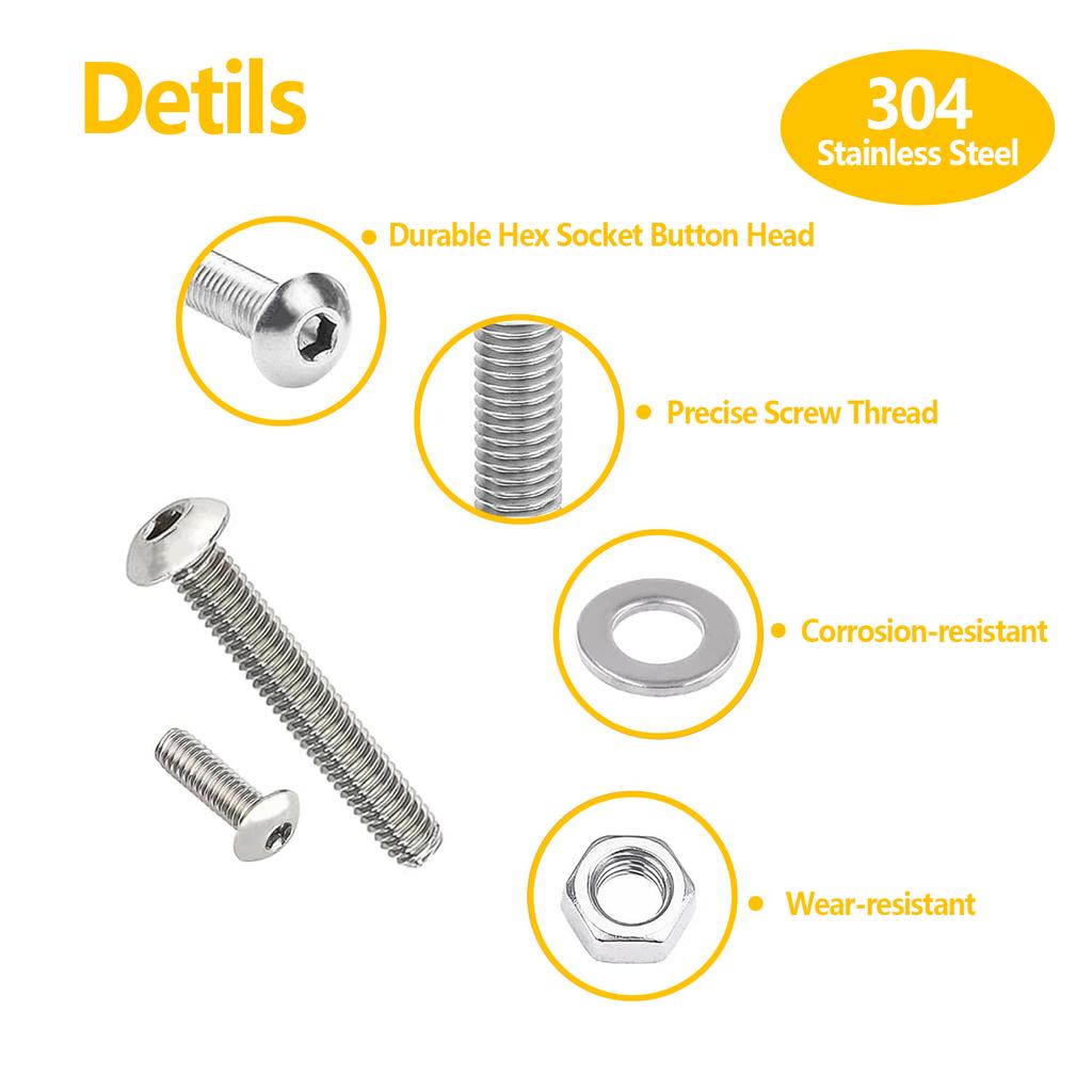 450 Stainless Steel Hexagonal Bolts and Nut Kit, Hexagonal Round Head Button Kit, M3x (16/20/25/30/35/40) Mm Bolt Kit.