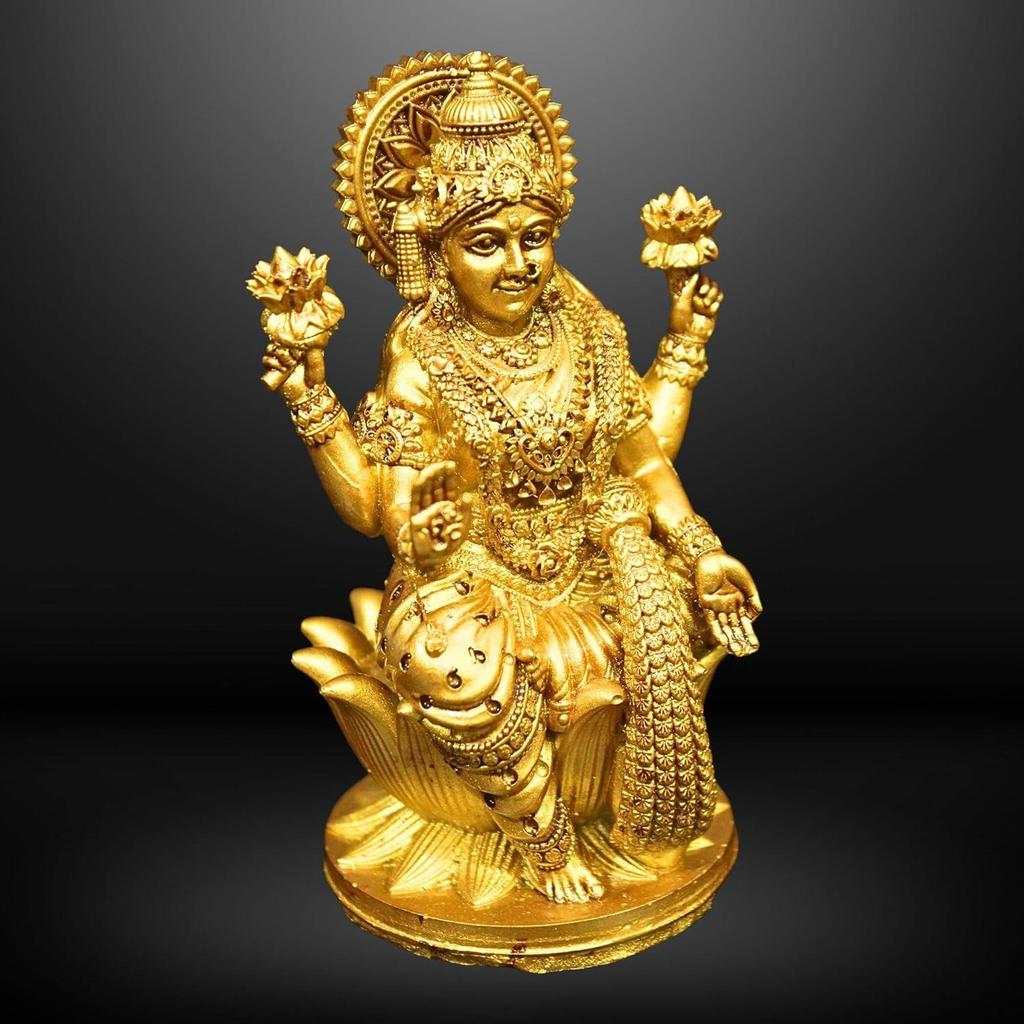 Goddess Lakshmi Laxmi Devi MATA Idol - 4.5 Inches Polystone Material Murti - Colour - Brass, Silver – Perfect Statue for Car Dashboard