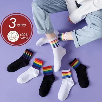 3 Paar Regenboog Katoenen Sokken Dames Hoge Kwaliteit Katoenen Sokken Straat Ins Mode Streep Gestapeld Middelhoge Sokken Sport Sokken