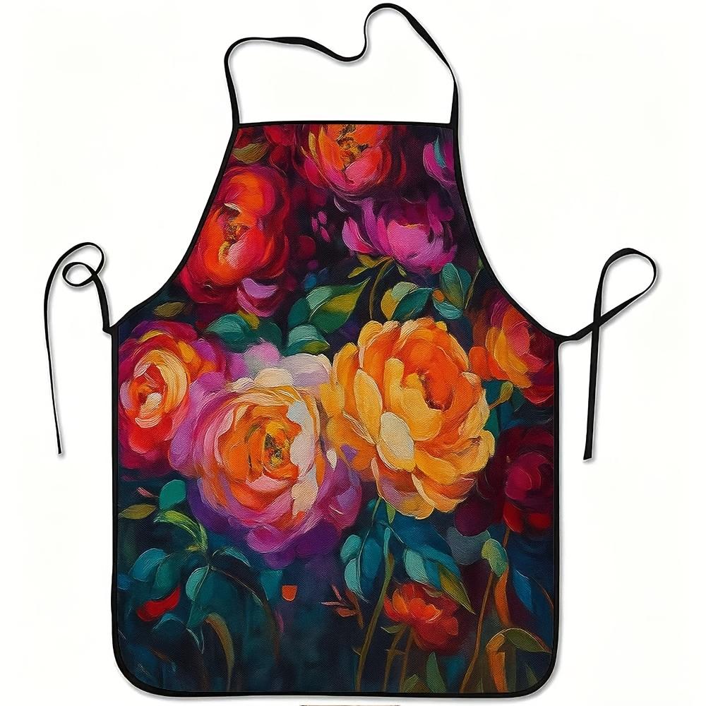 Single-Pack Peony Patterned Apron - Thick, Easy To Clean, Adjustable Waist/Loop Design (Suitable for Both), Made of Durable Polyester, Ideal for Kitch