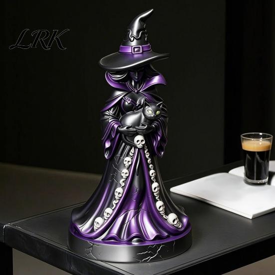 Industrial Decor Statue Lighted Witch Figurine, Holding Black Cat Statue, Gothic Skull Pattern Table Centerpiece Sculpture with LED Lights for