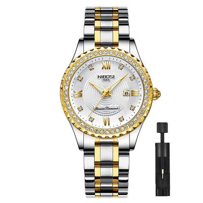 NIBOSI Diamant Vanntett Analog Kvarts Klassisk Dato Lysende Rustfritt Stål Luksus Gave til Kvinner Damearmbåndsur, Urverk, Stilig, Avslappet,