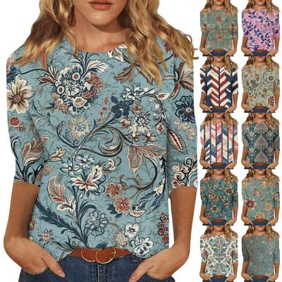 Damenmode Lässig Siebenärmel Vintage Bedruckt Rundhals T-Shirt Top