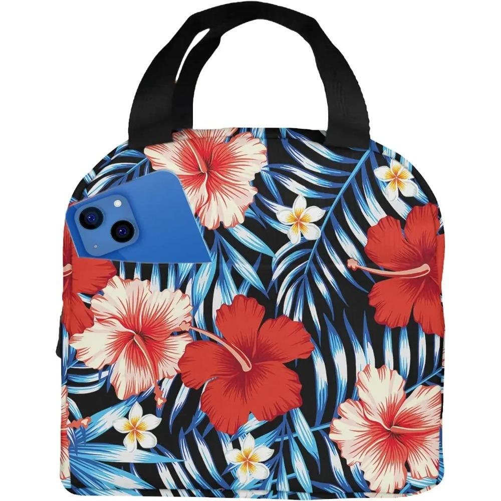 Red Hibiscus Large Insulated Lunch Bag Blue Tropical Leaves Hawaii Floral Lunch Box for Boys Girls Men Women Work Shcool Picnic