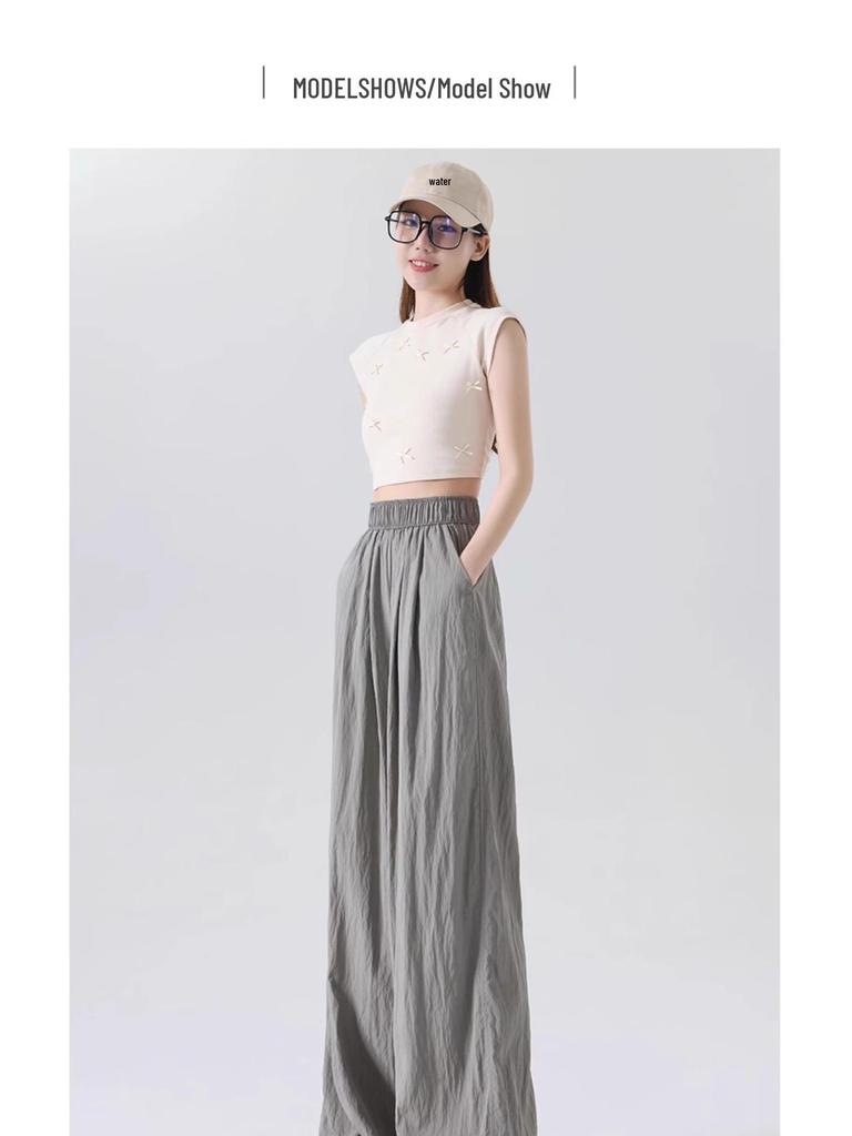 Ice Silk Women's High Waist Wide Leg Summer Pants - Slimming, Drapey, Casual, Cool, Sun-Protective.