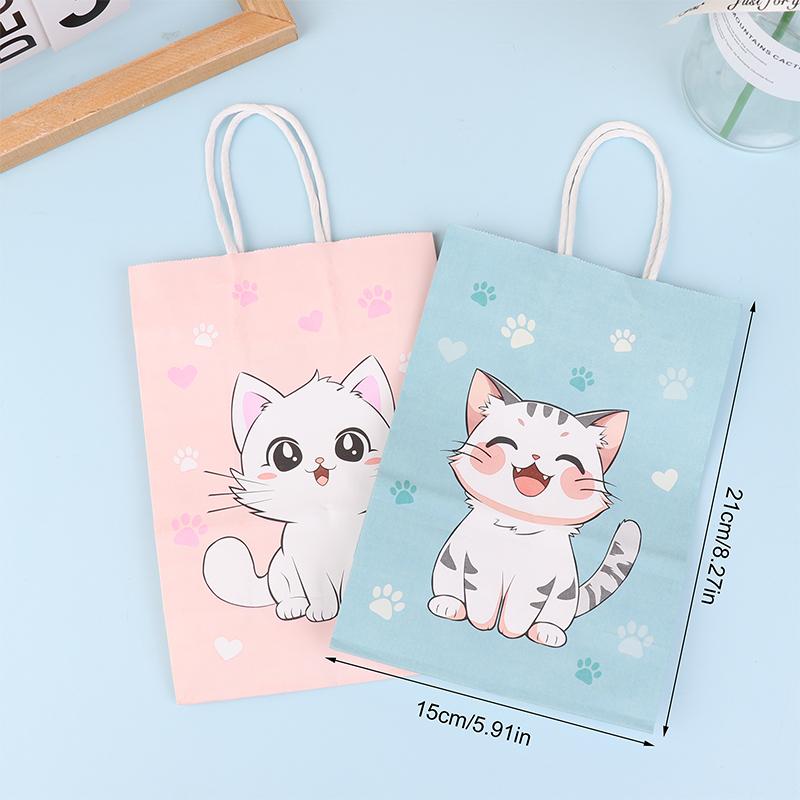 6 Stück bunte Süßigkeitentüten mit Cartoon-Katzenpfotenabdruck, Papier, Geschenktüten mit Griffen für Haustier-Thema, Kindergeburtstagsparty, Dekorationen, Gastgeschenke