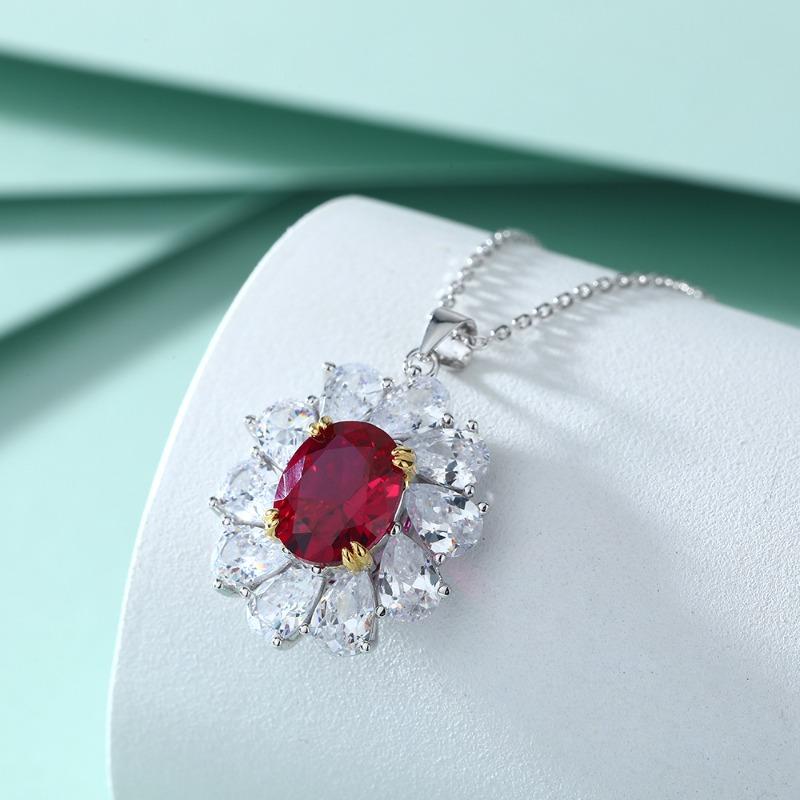 High-end Red Zircon Flower Pendant, Ruby Necklace, Women's High-end 925 Sterling Silver Collarbone Chain.