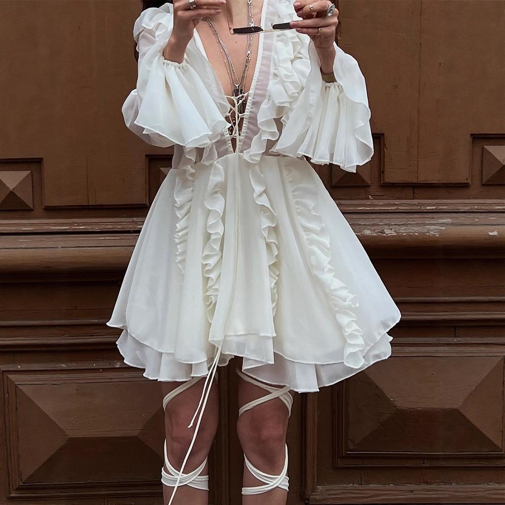 Lotus Leaf Edge Long-sleeved Dress European and American Summer New Women's V-neck Chiffon Strap Short Dress Dress