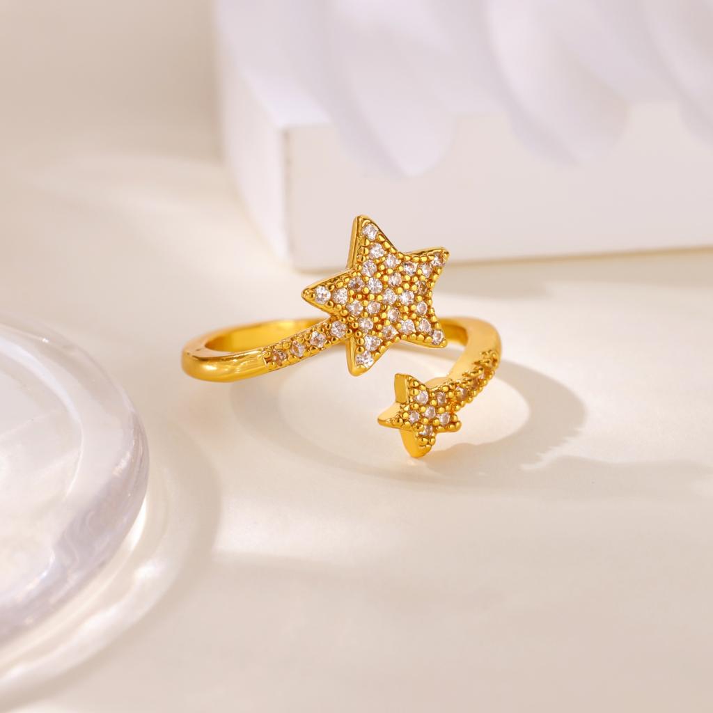 Zircon Star Ring for Women Stainless Steel Sparkle Double Stars Gold Color Ring Wedding  Couple Jewelry Party Gift Anillo