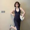 Korean lace splicing floral suspender dress for women's new small man pinching waist and looking thin hanging neck long skirt