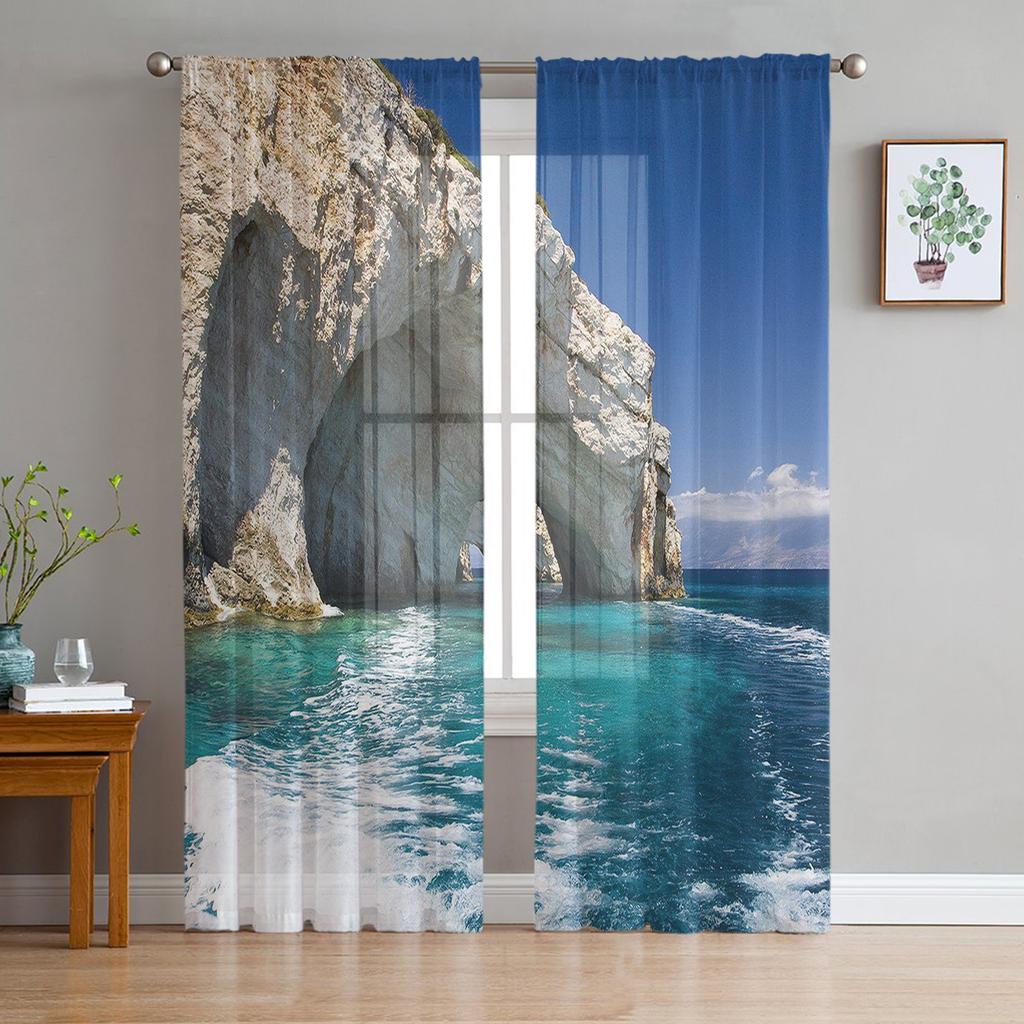 Greece Santorini Blue Roof Church Tulle Sheer Window Curtains for Living Room Kitchen Children Bedroom Voile Hanging Curtain
