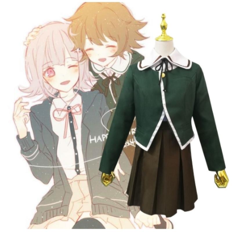 Danganronpa Chihiro Fujisaki Cosplay Kostým JK Uniforma Oblek Dlouhý Rukáv Hnědá Skládaná Sukně Set Dámský Halloweenský Kostým Outfit